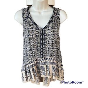 Patrons of Peace Sleeveless Tribal Aztec Floral Ruffle Hem Hi Lo Top Womens M